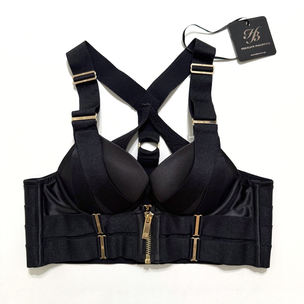 HONEY BIRDETTE BLACK GOLD BLAIR RACERBACK FRONT ZIP CLOSE PUSH-UP BUSTIER BRA - Picture 1 of 10
